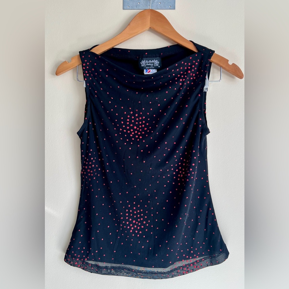 VTG Y2K La Belle Mesh Tank Top Red Glitter Polka Dot Sheer Layered Whimsigoth L
